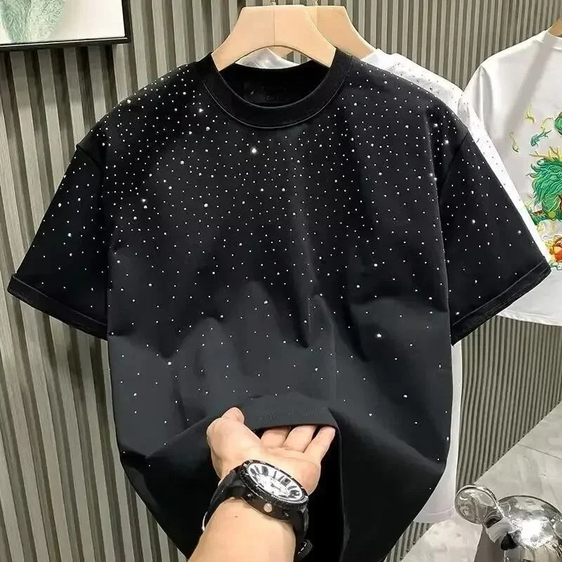 Été strass Rivet T-shirt pour hommes vêtements col rond T-shirt style décontracté mode haute rue 2025 hommes été manches courtes