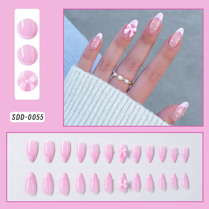 Faux ongles français imprimé léopard rose, 24 pièces, tête carrée courte, nœud papillon noir 3D, couverture complète en acrylique, à pression