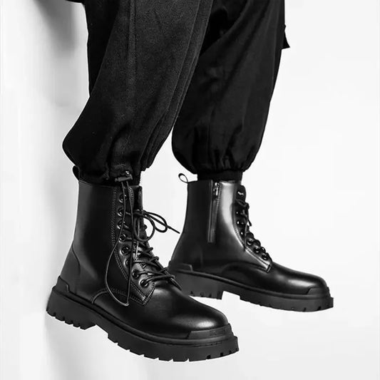 Chaussures à plateforme en cuir PU pour hommes, semelle optique haut de gamme, bottes décontractées noires, chaussures en cuir de vachette, offre rétro, design de lego