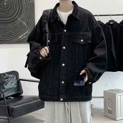 Veste en jean décontractée pour homme, veste en jean à revers solide, mode de rue, manteau d'automne bleu rétro, vestes en jean de moto en plein air, nouvelles zones