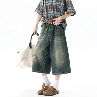 Trendy High-Waisted Wide-Leg Cropped Jeans for Men 2025 Summer Casual Stretch Denim Capri Pants Comfort Fit & Stylish Outfit 8XL