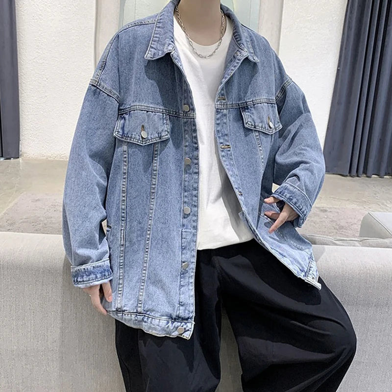 Veste en jean décontractée pour homme, veste en jean à revers solide, mode de rue, manteau d'automne bleu rétro, vestes en jean de moto en plein air, nouvelles zones