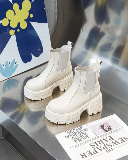 AIYUQI Women Ankle Boots Genuine Leather 9cm Heel High Boots Women Platform High Heel British Style Women Chelsea Booties