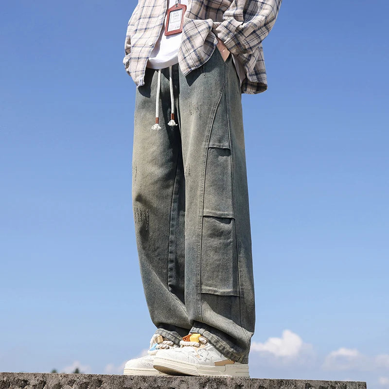 Jean pour hommes, style américain, vintage, délavé, épissage de plis, modèles de printemps et d'automne, pantalons droits amples