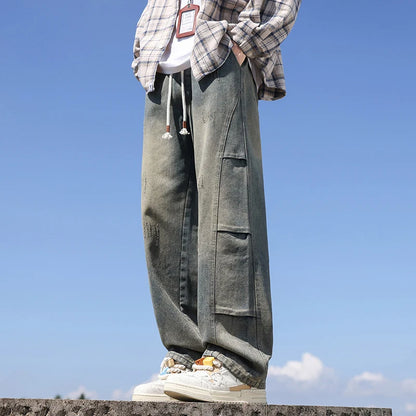 Jean pour hommes, style américain, vintage, délavé, épissage de plis, modèles de printemps et d'automne, pantalons droits amples