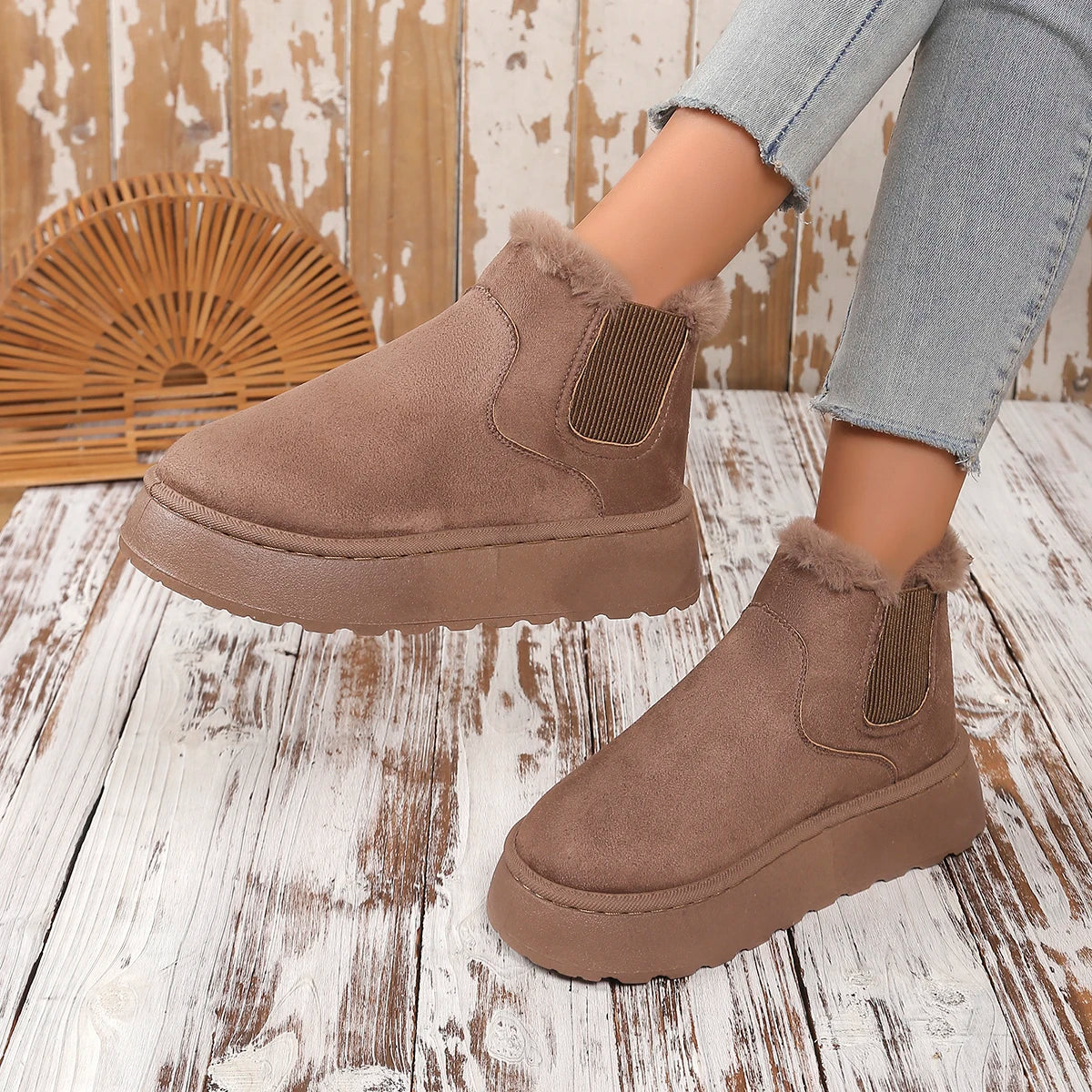 Hiver femmes courtes en peluche chaud bottes de neige chaussures décontractées nouveau daim fourrure Chelsea bottines plates plate-forme dames chaussures Botas - DOGOMET DIGITAL PLUS