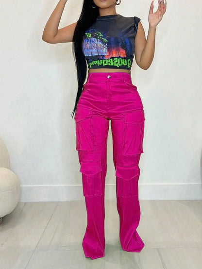 2025 Newest Women's High-waisted Cargo Pants Straight Wide Leg Pants Y2K Streetwear Loose Stretch Pants With Pocket Streetwear
