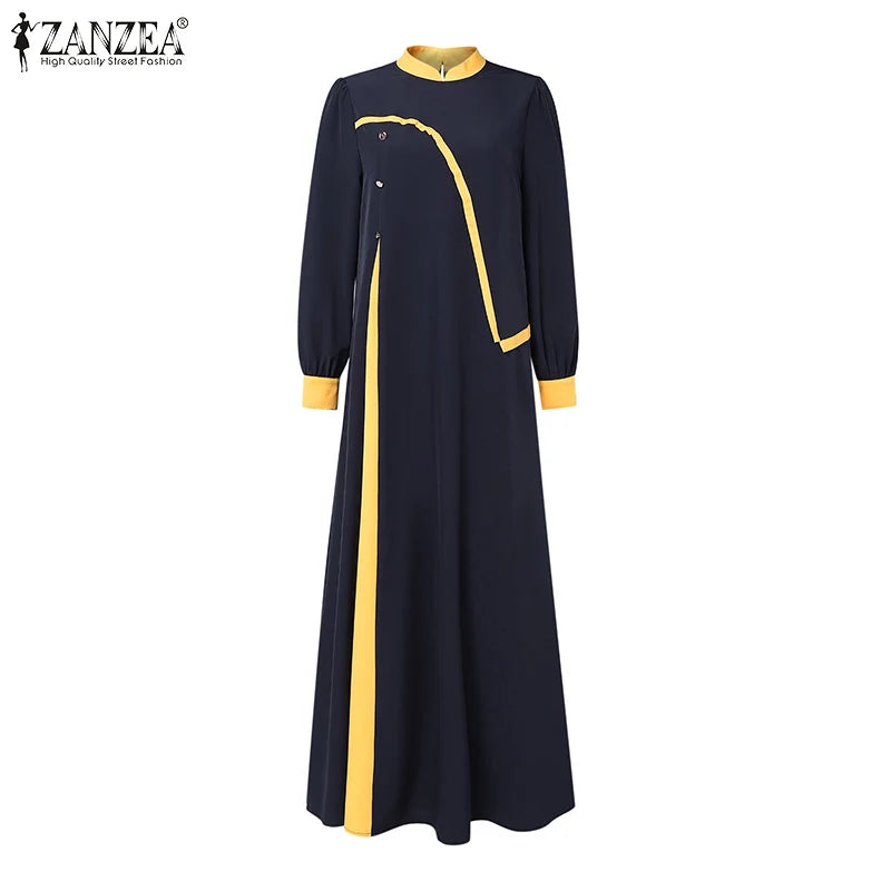ZANZEA Muslim Women Vestidos Abaya Hijab O Neck Color Block Long Sleeve Eid Mubarak Maxi Dress Islamic Casual Robe 2025 Spring