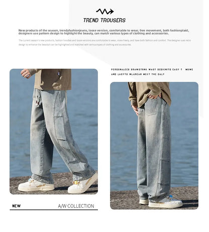 Jean pour hommes, style américain, vintage, délavé, épissage de plis, modèles de printemps et d'automne, pantalons droits amples