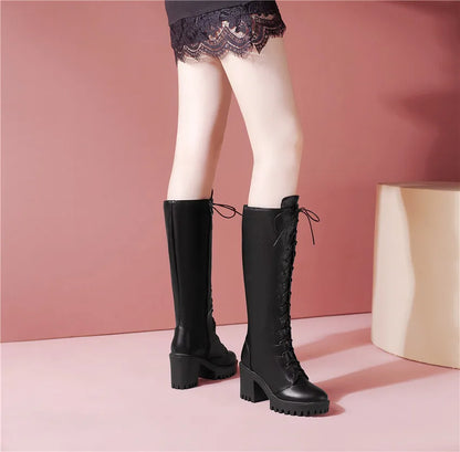 Bottes hautes britanniques pour femmes, blanc et noir, robe de soirée et de bureau, bout rond, talons bloc, fermeture éclair, longues bottes à plateforme d'équitation, hiver - DOGOMET DIGITAL PLUS