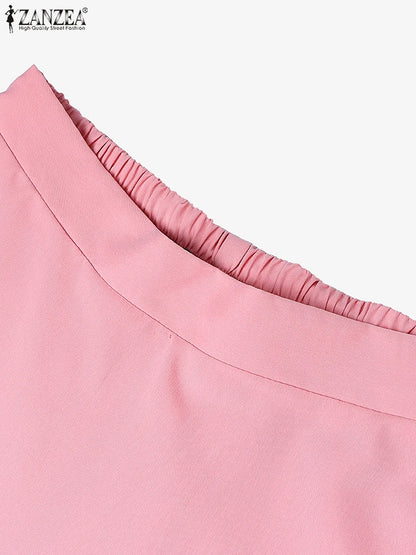 ZANZEA élégant a-ligne Jupes plissées femmes mode taille haute Patchwork Midi Faldas Mujer bureau déplacements solide Jupes Femme