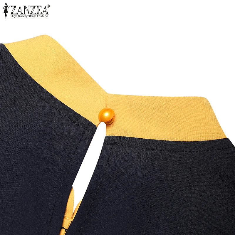 ZANZEA Muslim Women Vestidos Abaya Hijab O Neck Color Block Long Sleeve Eid Mubarak Maxi Dress Islamic Casual Robe 2025 Spring