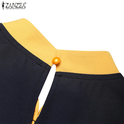 ZANZEA Muslim Women Vestidos Abaya Hijab O Neck Color Block Long Sleeve Eid Mubarak Maxi Dress Islamic Casual Robe 2025 Spring