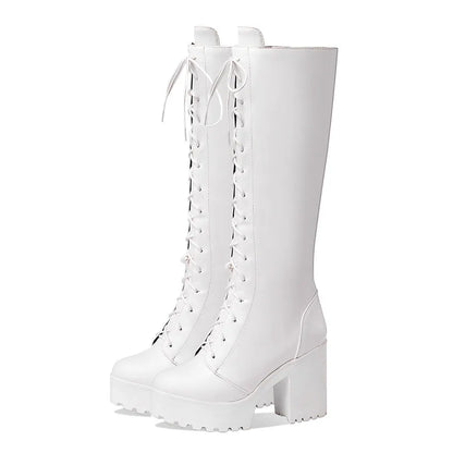 Bottes hautes britanniques pour femmes, blanc et noir, robe de soirée et de bureau, bout rond, talons bloc, fermeture éclair, longues bottes à plateforme d'équitation, hiver - DOGOMET DIGITAL PLUS