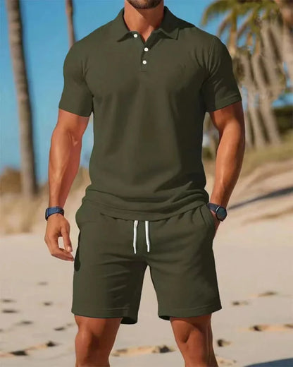 Ensemble chemise et Short à revers en maille pour hommes, décontracté, plage, été, confortable, respirant, ample, couleur unie,