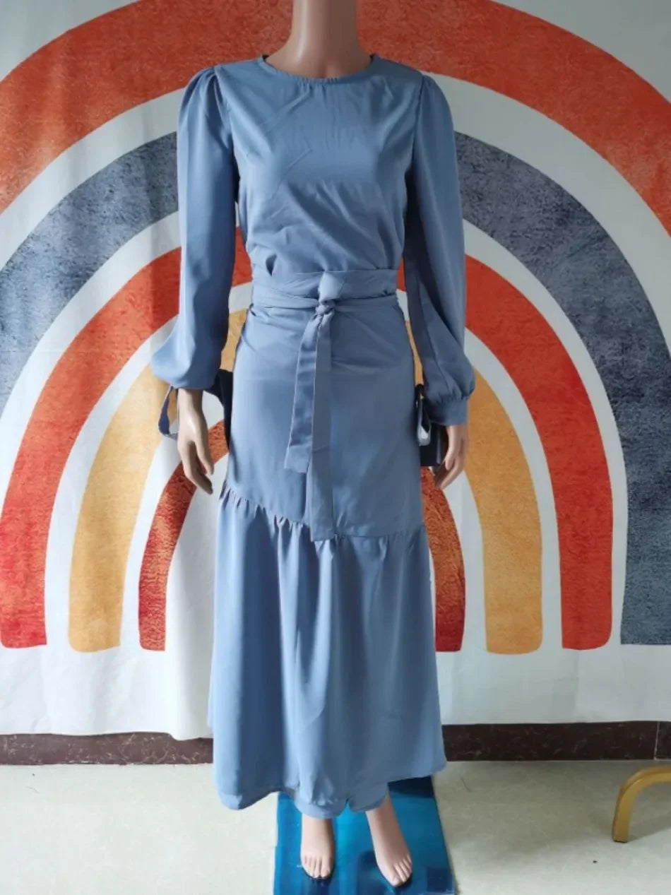 Women Eid Muslim Ensemble Two-Piece Set with Blouse And Skirt Islamic Kaftan Arab Casual Autumn Belted Ramadan Spliced Jalabiy