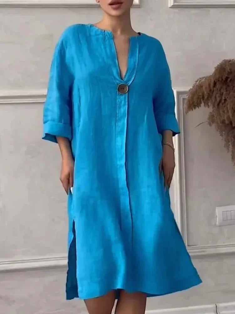 2024 Summer Fashion New Elegant Women's Cotton and Hemp Casual Long Sleeved V-neck Mid Length Commuter Style Solid Color Dress - DOGOMET DIGITAL PLUS