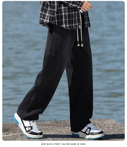 Jean pour hommes, style américain, vintage, délavé, épissage de plis, modèles de printemps et d'automne, pantalons droits amples