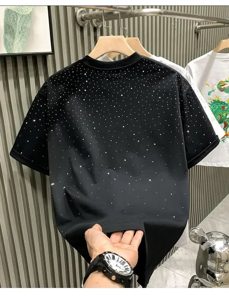 Été strass Rivet T-shirt pour hommes vêtements col rond T-shirt style décontracté mode haute rue 2025 hommes été manches courtes