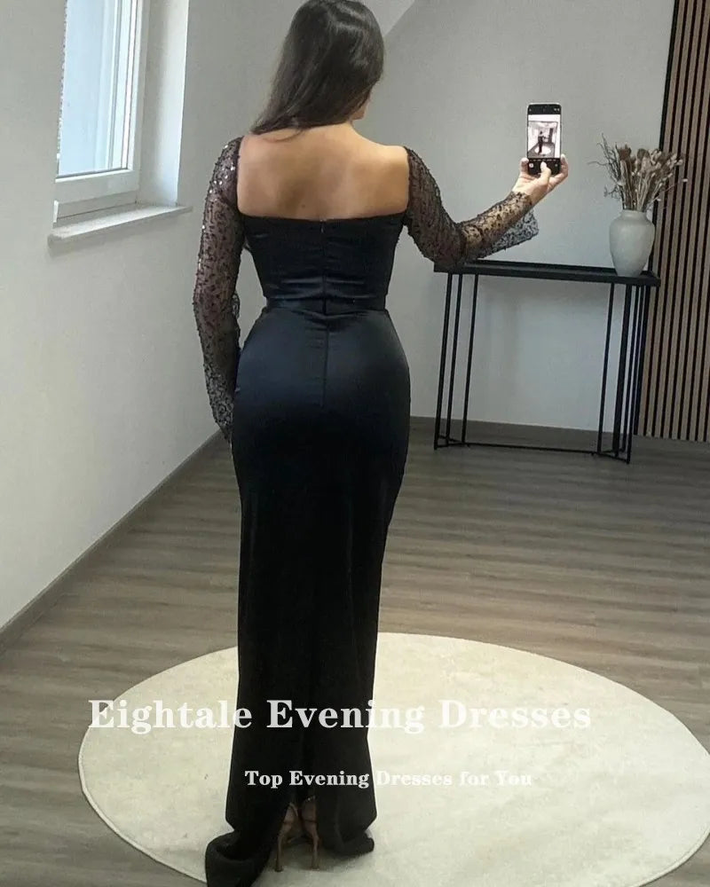 Eightale Black Evening Dresses with Detachable Skirt Sequin Long Sleeves Customized Prom Party Gown Wedding