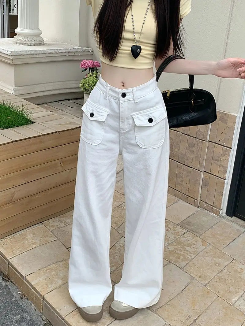 Jean Baggy blanc pour femmes, Streetwear, décontracté, poches amples, jambes larges, pantalon de sol en Denim, taille haute, droit, Y2K, 2025