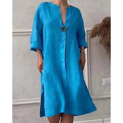 Loose V-neck Two Side Slit Pullover Dress 2024 Women's New Cotton And Linen Solid Color Casual Long-Sleeved Button Maxi Dress - DOGOMET DIGITAL PLUS
