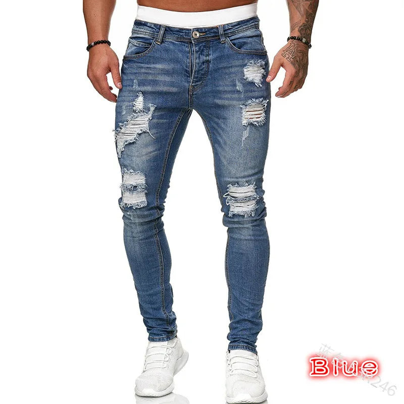 Jean déchiré hommes Stretch maigre gris bleu noir Hip Hop Denim pantalon Streetwear décontracté coupe ajustée jean pour hommes Jogging jean