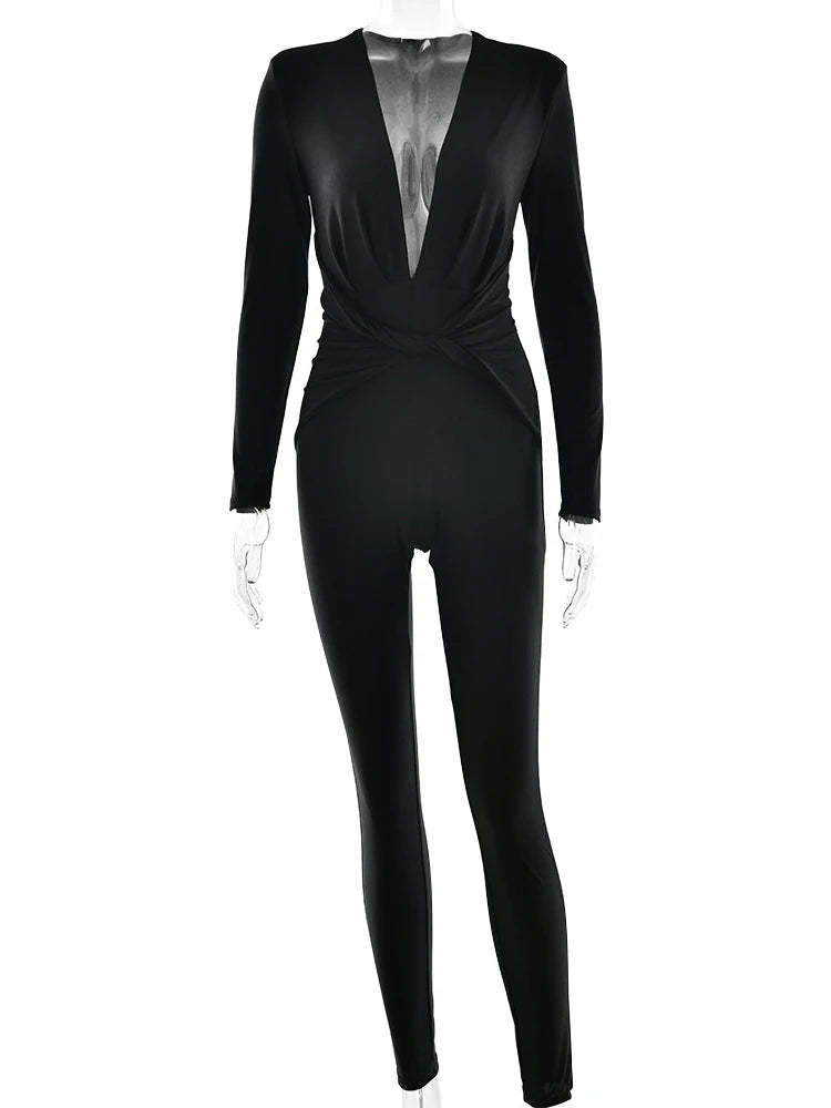 JUISSA MO Women Deep V Neck Ruched Jumpsuit Long Sleeve High Waist Playsuit Female Winter Battery Elegant Activewear Sexy