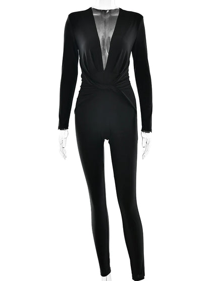 JUISSA MO Women Deep V Neck Ruched Jumpsuit Long Sleeve High Waist Playsuit Female Winter Battery Elegant Activewear Sexy