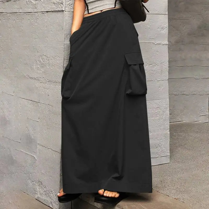 ZANZEA-Jupe Cargo adt pour Femme, Vintage, Élégante, Maxi, Bureau, Grandes Poches, Taille artificiel astique, Streetwear, Automne, 2023