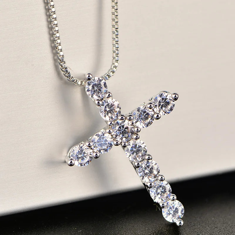 16-24inches 925 Sterling Silver Necklace Box chain Shiny crystal classic cross Pendant For Women men Fashion Jewelry Gifts - DOGOMET DIGITAL PLUS