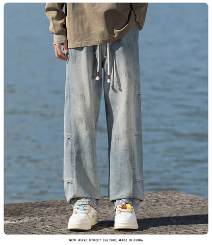 Jean pour hommes, style américain, vintage, délavé, épissage de plis, modèles de printemps et d'automne, pantalons droits amples