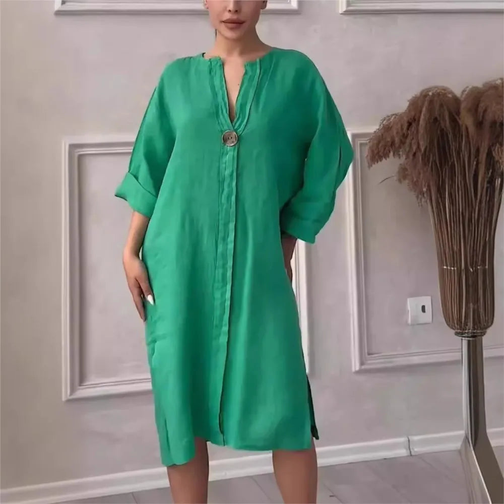 Loose V-neck Two Side Slit Pullover Dress 2024 Women's New Cotton And Linen Solid Color Casual Long-Sleeved Button Maxi Dress - DOGOMET DIGITAL PLUS