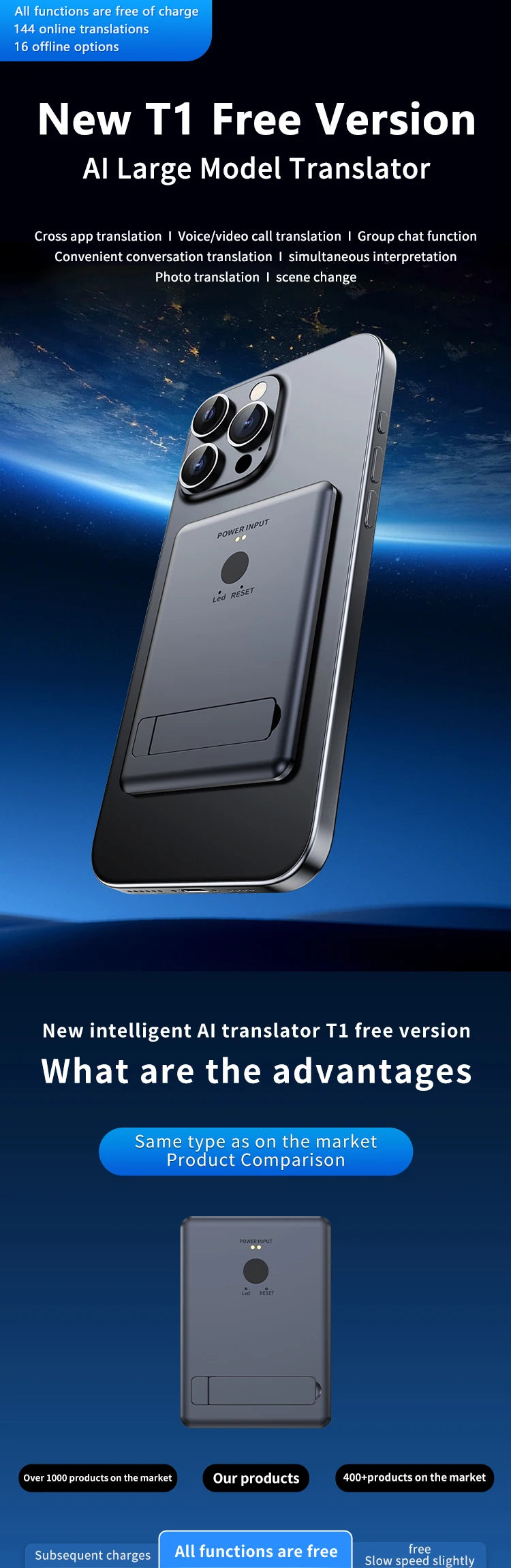 Dispositif de traduction instantanée AI, support magnétique, traduction en ligne 144 langues, appels photos/vidéo en temps réel pour IOS Android - DOGOMET DIGITAL PLUS