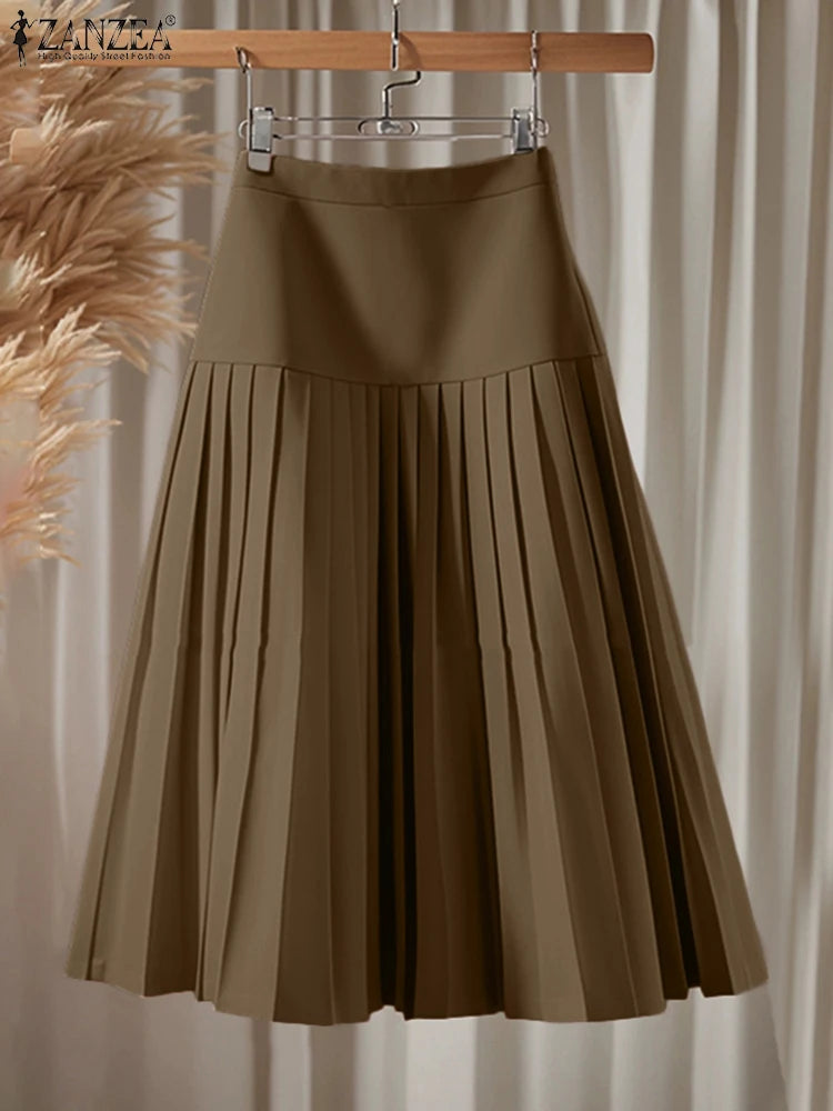 ZANZEA élégant a-ligne Jupes plissées femmes mode taille haute Patchwork Midi Faldas Mujer bureau déplacements solide Jupes Femme