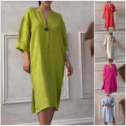 Summer Women Dress V Neck Side Split Loose Pullover Button Pure Color Long Sleeves Casual Daily Wear Midi Dress - DOGOMET DIGITAL PLUS