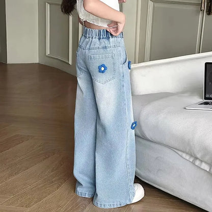 Jean Baggy à Fleurs pour Adolescente, Pantalon en Denim à Jambes Larges, à la Mode, pour Enfant