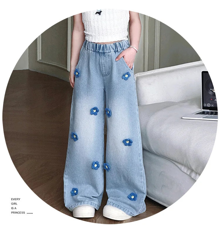 Jean Baggy à Fleurs pour Adolescente, Pantalon en Denim à Jambes Larges, à la Mode, pour Enfant
