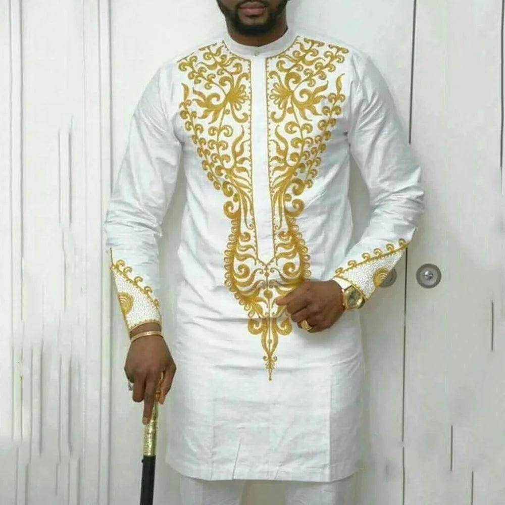 Wedding Suit For Men White Embroidered Pocket Top Pants Ensemble Homme African Traditional Casual Wear 2Pcs Sets Kaftan Outfits
