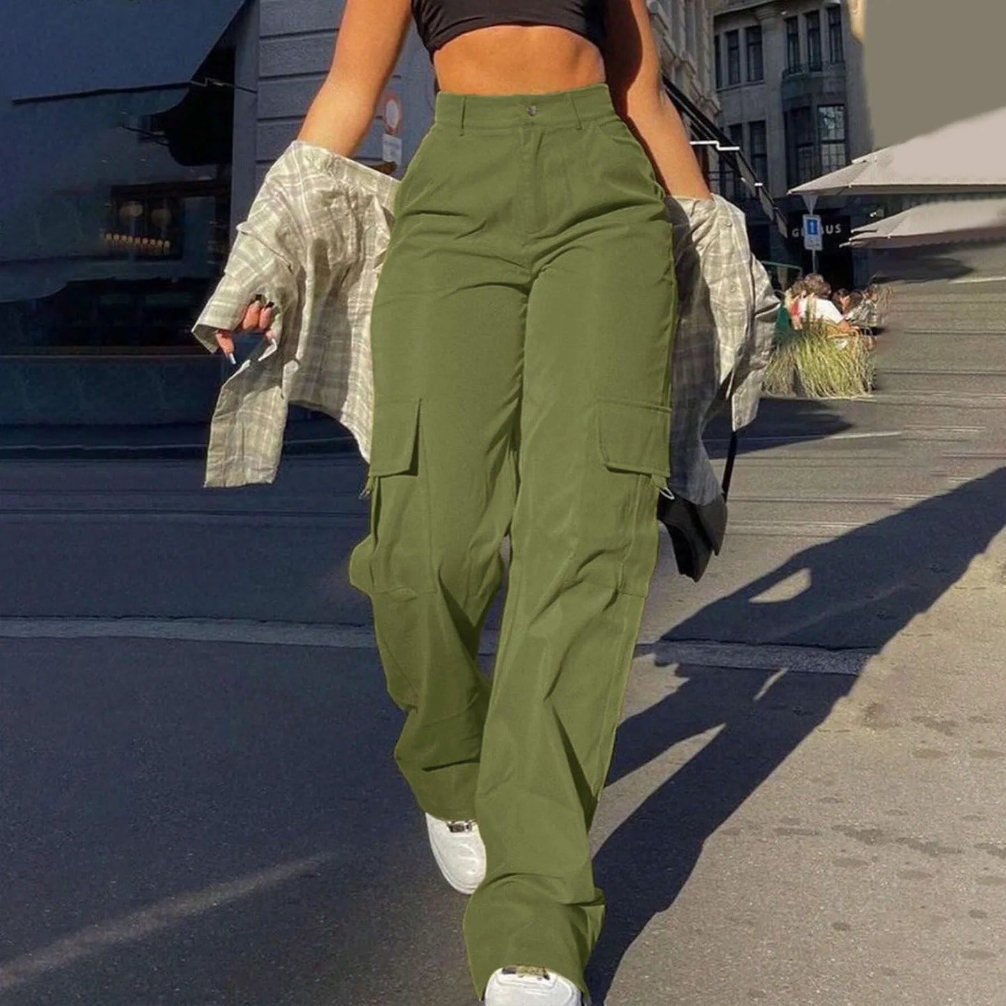 Women's Loose Cargo Pants High Waist Wide Leg Solid Color Full Length Trousers With Pockets Casual All Seasons Long Pantalones