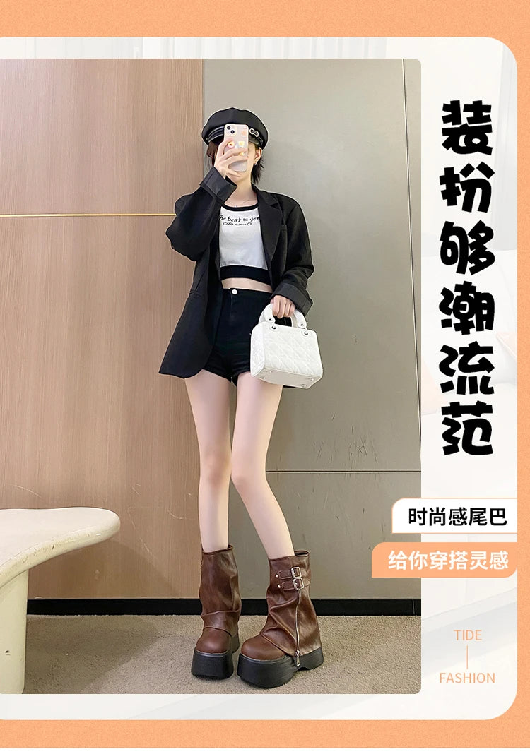 Soft Leather Ankle Mid Calf Boots Winter Autumn High Platform Wedge British Booties Woman New Ladies Chunky Motorcycle Boots 9CM