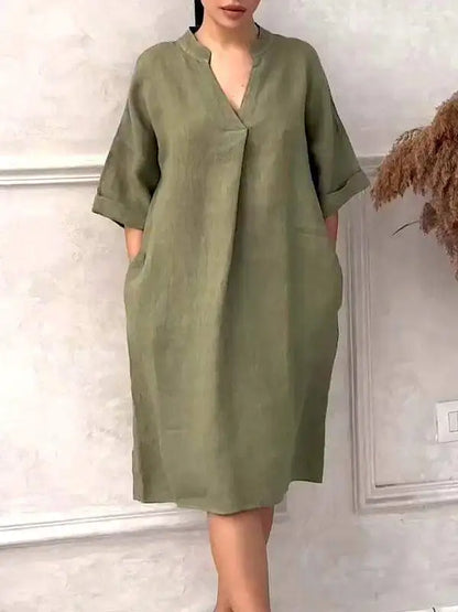 Fashion Cotton And Linen Women's V-neck Loose Dress 2025 Spring And Summer Solid Color Casual Short Sleeved Pocket Midi Dresses - DOGOMET DIGITAL PLUS
