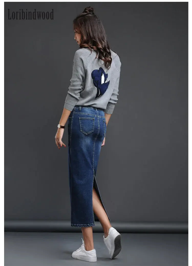 Classic Denim Women 2023 Long Jean Skirt High Waist Pencil Skirt Ladies Stretch Black Blue Faldas Largas Jupe Longue Femme