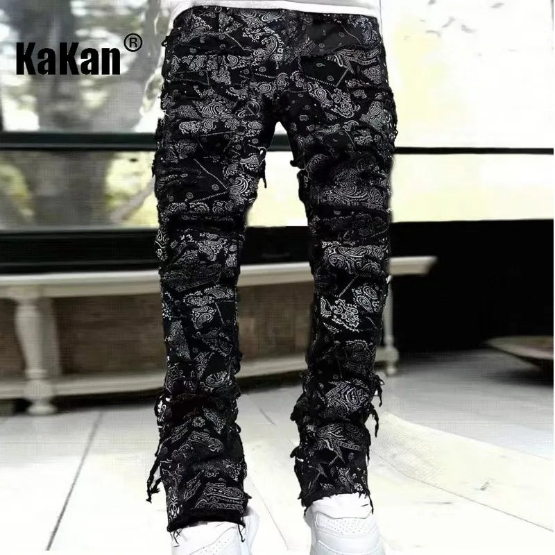 Kakan - New Men's Elastic Patch Jeans, Y2k Clothes Street Fashion Straight Leg Pants Long Jeans Jeans Man Brand - DOGOMET DIGITAL PLUS
