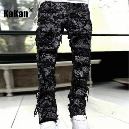 Kakan - New Men's Elastic Patch Jeans, Y2k Clothes Street Fashion Straight Leg Pants Long Jeans Jeans Man Brand - DOGOMET DIGITAL PLUS