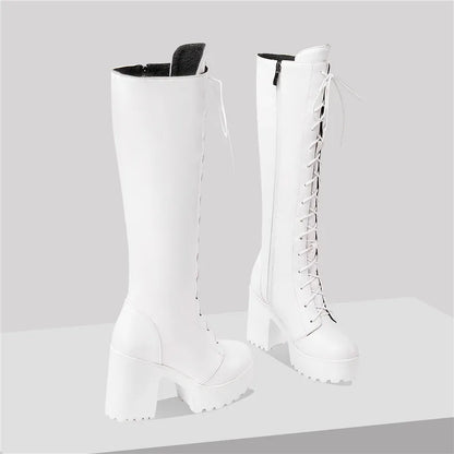 Bottes hautes britanniques pour femmes, blanc et noir, robe de soirée et de bureau, bout rond, talons bloc, fermeture éclair, longues bottes à plateforme d'équitation, hiver - DOGOMET DIGITAL PLUS