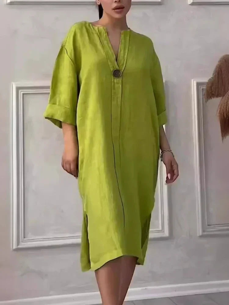 2024 Summer Fashion New Elegant Women's Cotton and Hemp Casual Long Sleeved V-neck Mid Length Commuter Style Solid Color Dress - DOGOMET DIGITAL PLUS