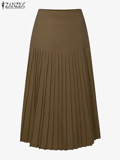 ZANZEA élégant a-ligne Jupes plissées femmes mode taille haute Patchwork Midi Faldas Mujer bureau déplacements solide Jupes Femme