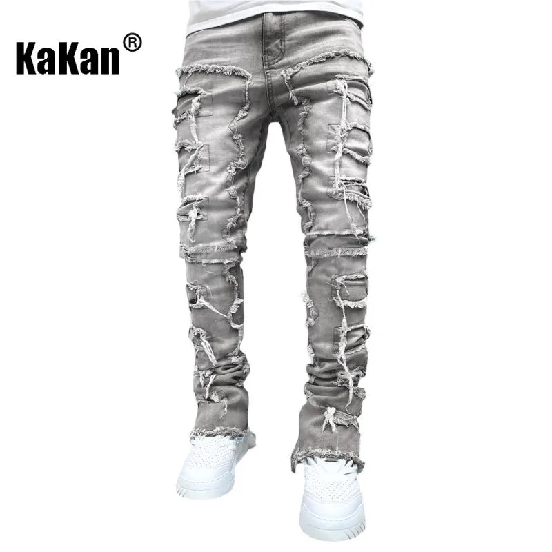 Kakan - New Men's Elastic Patch Jeans, Y2k Clothes Street Fashion Straight Leg Pants Long Jeans Jeans Man Brand - DOGOMET DIGITAL PLUS