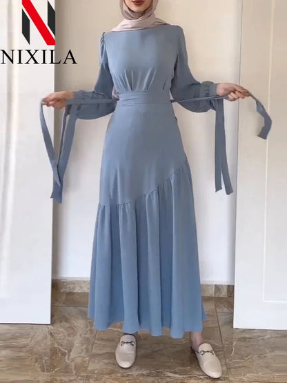 Women Eid Muslim Ensemble Two-Piece Set with Blouse And Skirt Islamic Kaftan Arab Casual Autumn Belted Ramadan Spliced Jalabiy